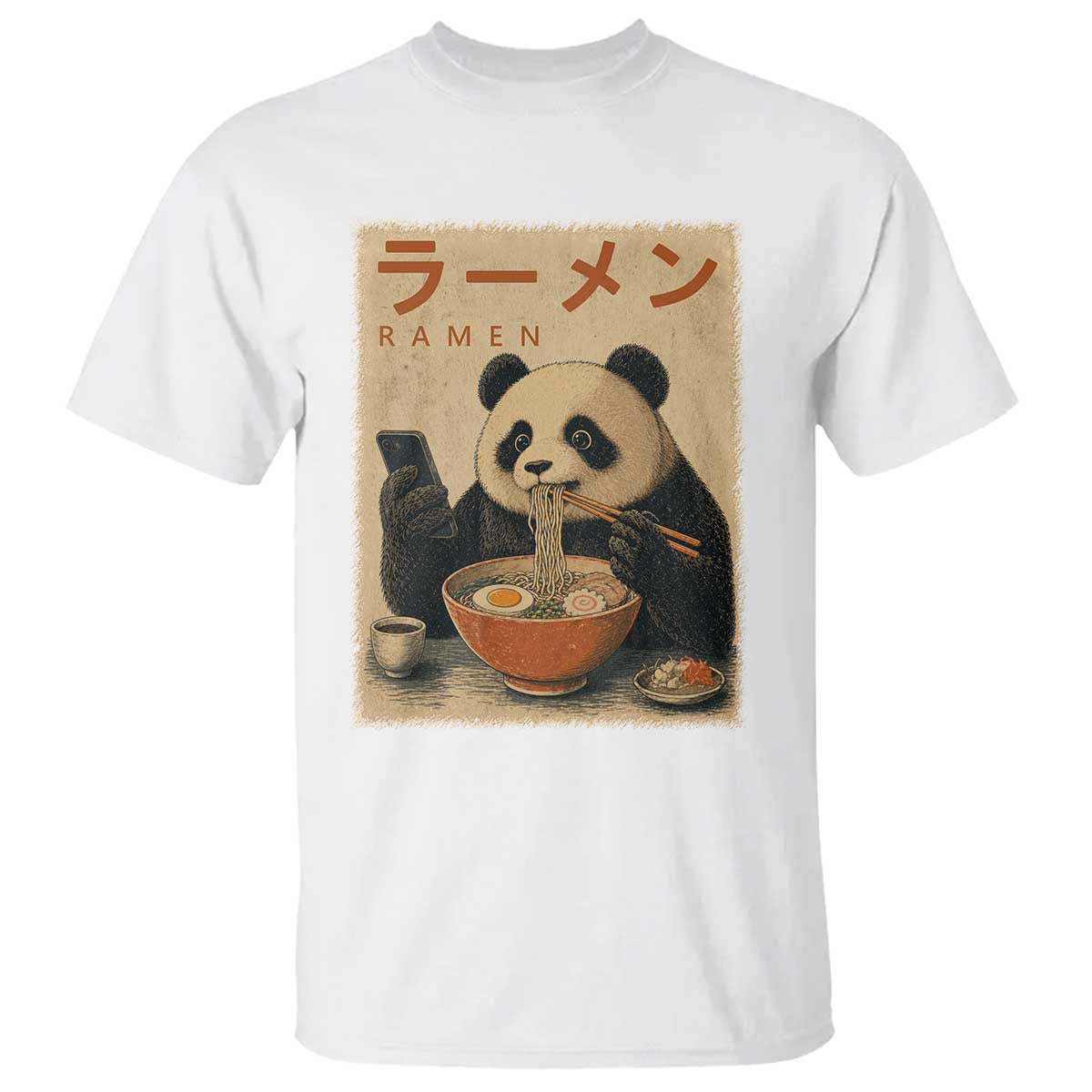 Funny Panda Eating Ramen Scrolling Phone T Shirt Japanese Art Aesthetic TS12 White Print Your Wear