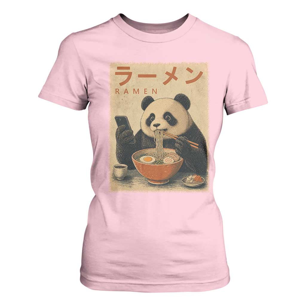 Funny Panda Eating Ramen Scrolling Phone T Shirt For Women Japanese Art Aesthetic TS12 Light Pink Print Your Wear