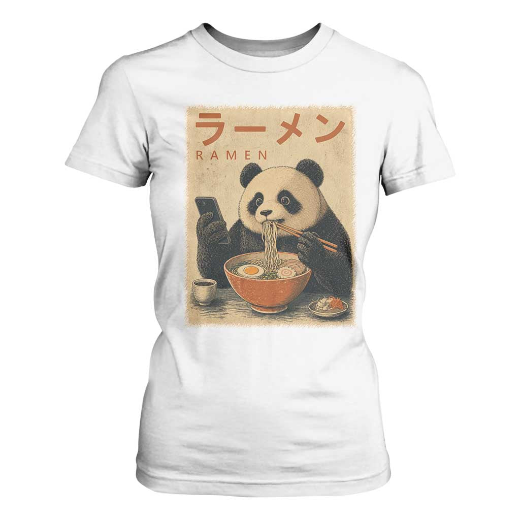 Funny Panda Eating Ramen Scrolling Phone T Shirt For Women Japanese Art Aesthetic TS12 White Print Your Wear