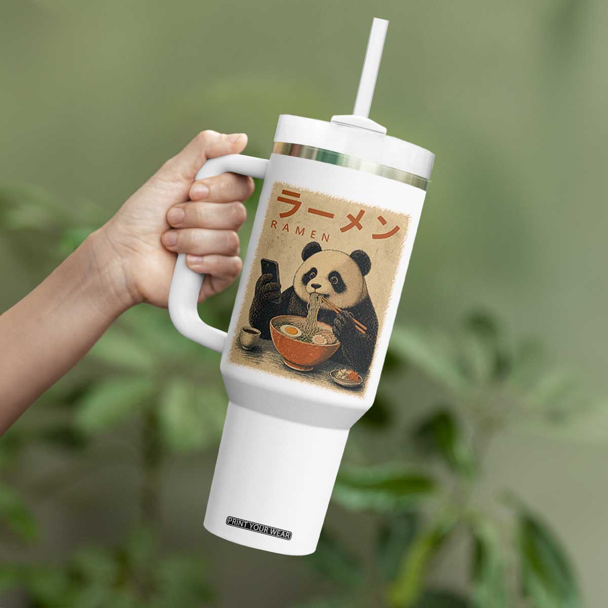 Funny Panda Eating Ramen Scrolling Phone Tumbler With Handle Japanese Art Aesthetic TS12 Print Your Wear
