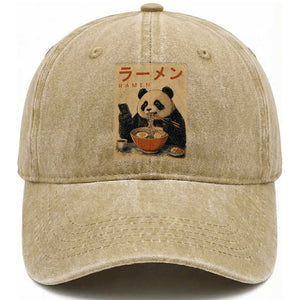 Funny Panda Eating Ramen Scrolling Phone Washed Cotton Baseball Cap Japanese Art Aesthetic TS12 Print Your Wear
