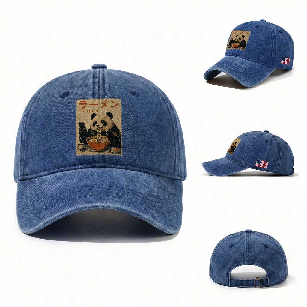 Funny Panda Eating Ramen Scrolling Phone Washed Cotton Baseball Cap Japanese Art Aesthetic TS12 Washed Cap Universal Fit Royal Blue Print Your Wear