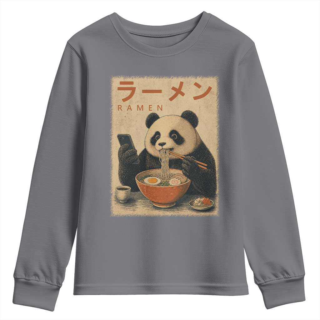 Funny Panda Eating Ramen Scrolling Phone Youth Sweatshirt Japanese Art Aesthetic TS12 Charcoal Print Your Wear