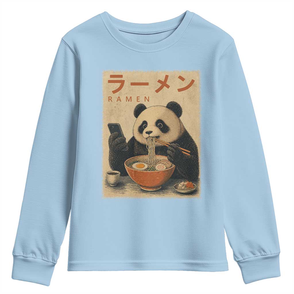 Funny Panda Eating Ramen Scrolling Phone Youth Sweatshirt Japanese Art Aesthetic TS12 Light Blue Print Your Wear