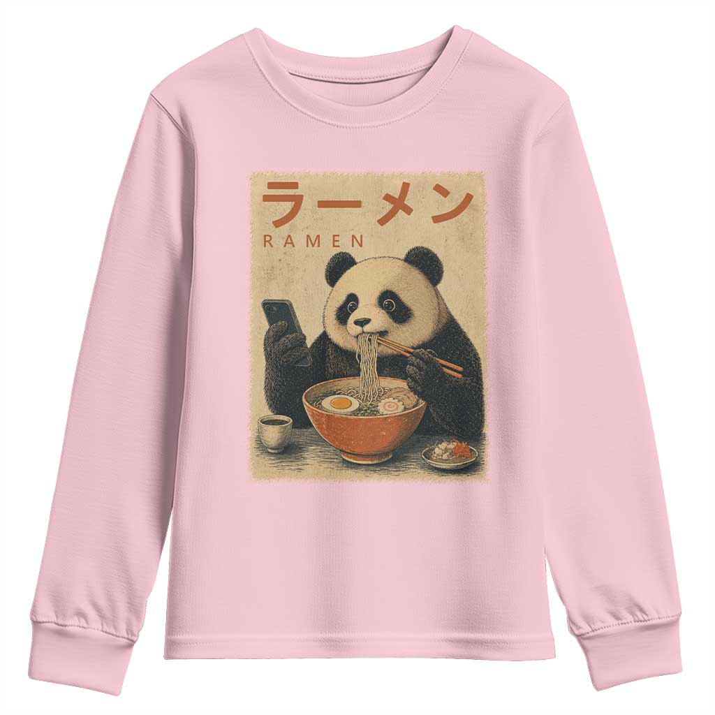 Funny Panda Eating Ramen Scrolling Phone Youth Sweatshirt Japanese Art Aesthetic TS12 Light Pink Print Your Wear