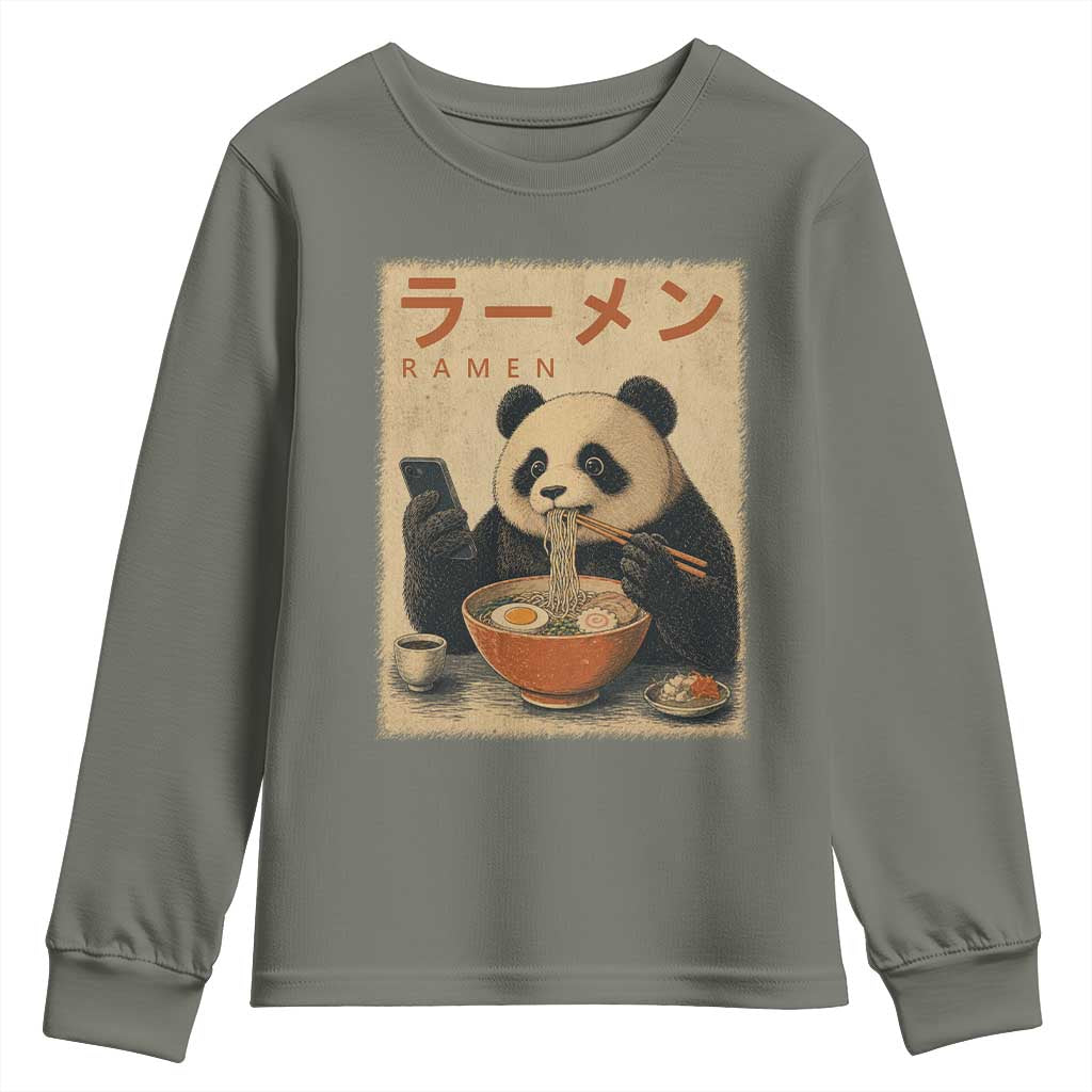 Funny Panda Eating Ramen Scrolling Phone Youth Sweatshirt Japanese Art Aesthetic TS12 Military Green Print Your Wear