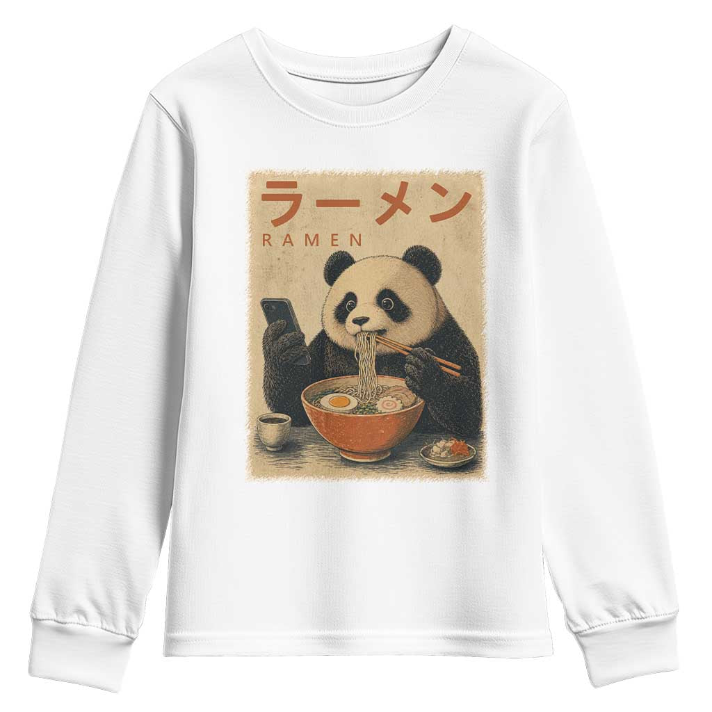 Funny Panda Eating Ramen Scrolling Phone Youth Sweatshirt Japanese Art Aesthetic TS12 White Print Your Wear