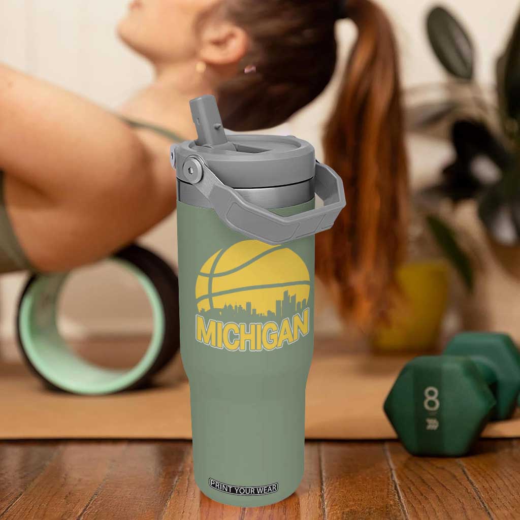 Vintage Michigan Skyline Flip Straw Tumbler Basketball Lover Gift TS12 One Size: 30 oz Moss Green Print Your Wear