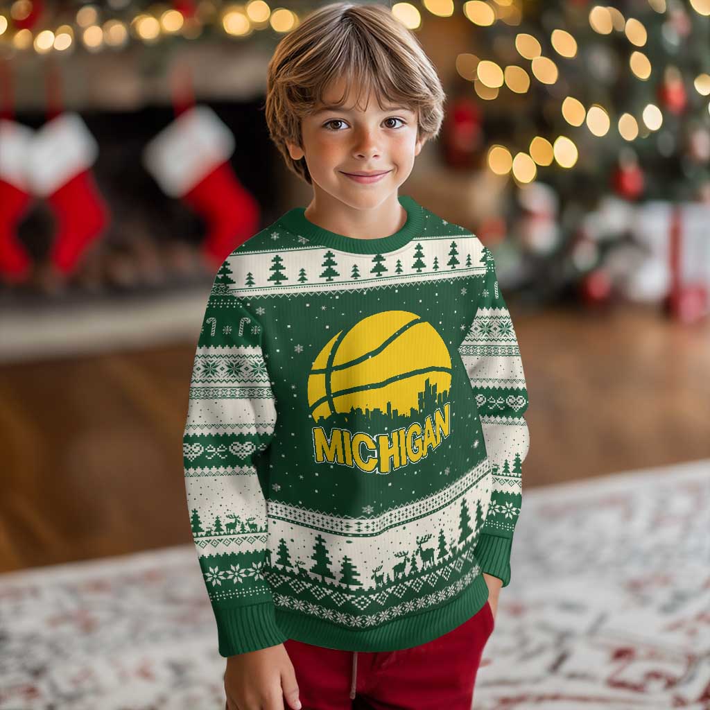 Vintage Michigan Skyline Ugly Christmas Sweater Basketball Lover Gift TS12 Forest Green Beige Print Your Wear