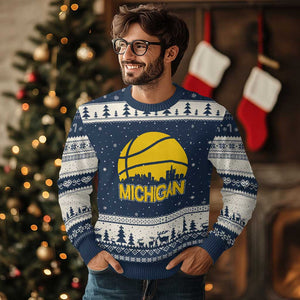 Vintage Michigan Skyline Ugly Christmas Sweater Basketball Lover Gift TS12 Navy Beige Print Your Wear