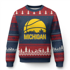 Vintage Michigan Skyline Ugly Christmas Sweater Basketball Lover Gift TS12 Navy Red Print Your Wear