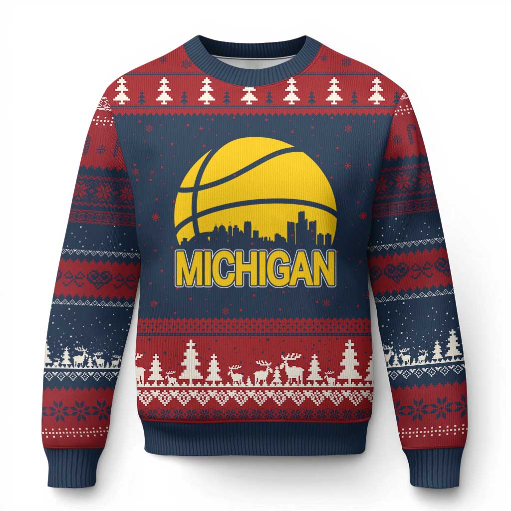 Vintage Michigan Skyline Ugly Christmas Sweater Basketball Lover Gift TS12 Navy Red Print Your Wear