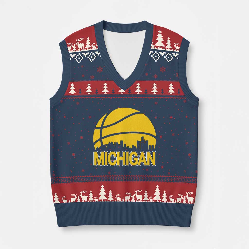 Vintage Michigan Skyline V-Neck Knit Sweater Vest Basketball Lover Gift TS12 Navy Red Print Your Wear