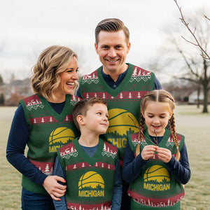 Vintage Michigan Skyline V-Neck Knit Sweater Vest Basketball Lover Gift TS12 Red Green Print Your Wear