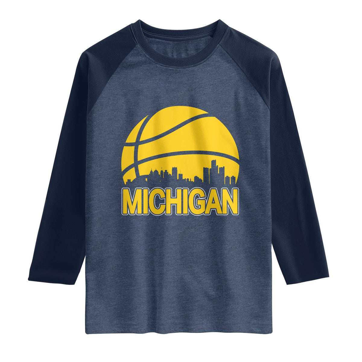 Vintage Michigan Skyline Raglan Shirt Basketball Lover Gift TS12 Heather Denim Navy Print Your Wear