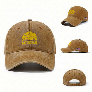 Vintage Michigan Skyline Washed Cotton Baseball Cap Basketball Lover Gift TS12 Washed Cap Universal Fit Yellow Ochre Print Your Wear