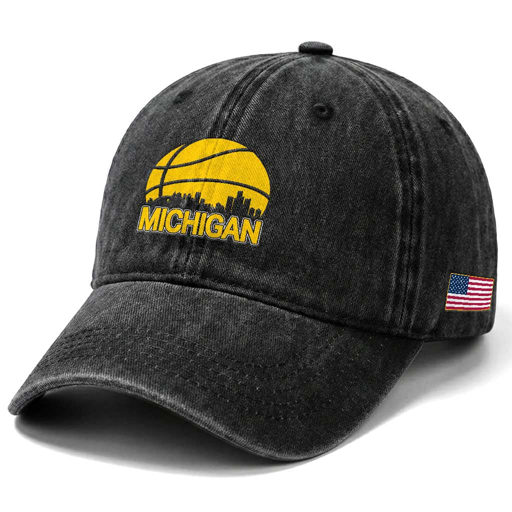 Vintage Michigan Skyline Washed Cotton Baseball Cap Basketball Lover Gift TS12 Print Your Wear