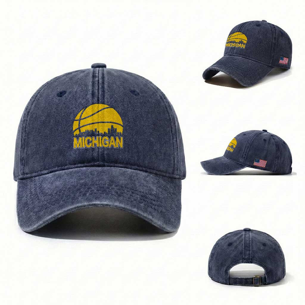 Vintage Michigan Skyline Washed Cotton Baseball Cap Basketball Lover Gift TS12 Washed Cap Universal Fit Navy Print Your Wear