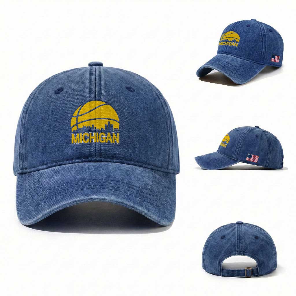 Vintage Michigan Skyline Washed Cotton Baseball Cap Basketball Lover Gift TS12 Washed Cap Universal Fit Royal Blue Print Your Wear