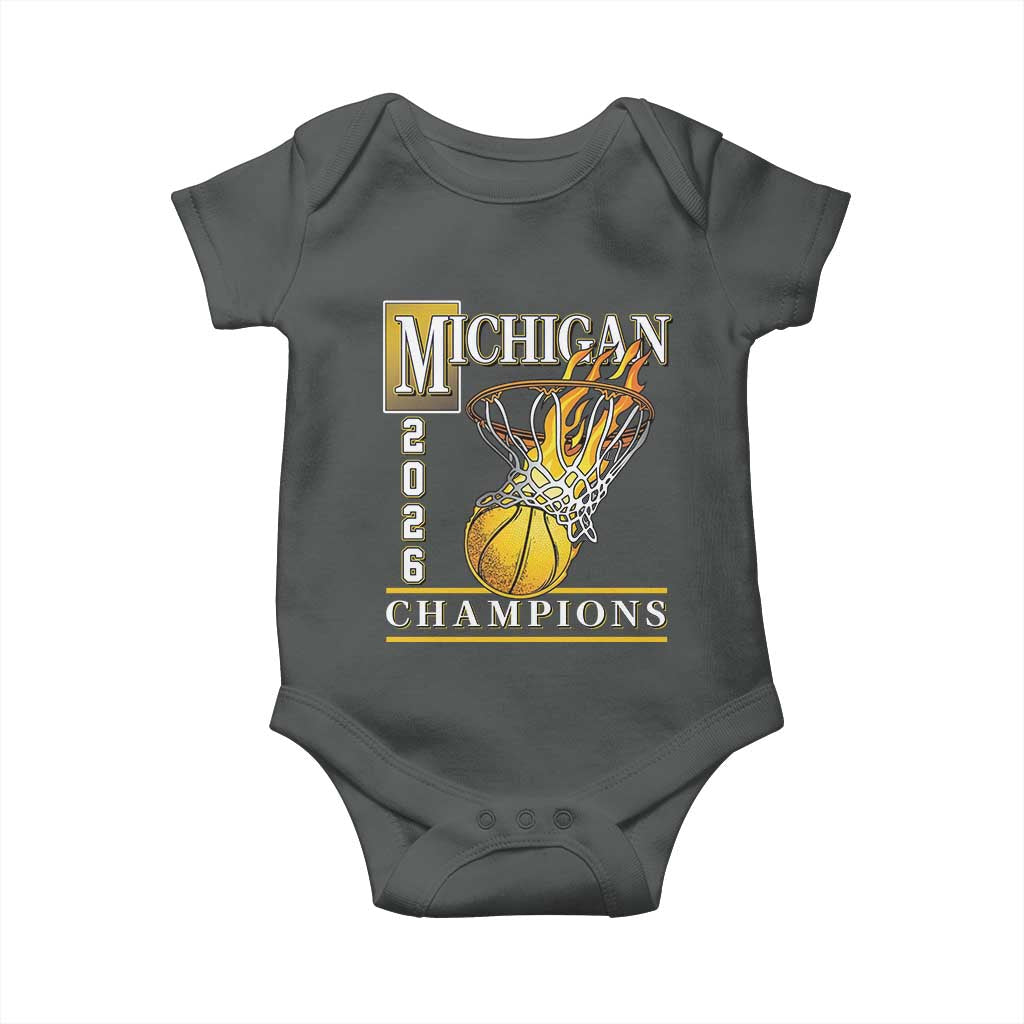 Michigan 2026 Flaming Hoop Basketball Lover Baby Onesie Champions Victory Graphic Sports Fan TS12 Dark Heather Print Your Wear