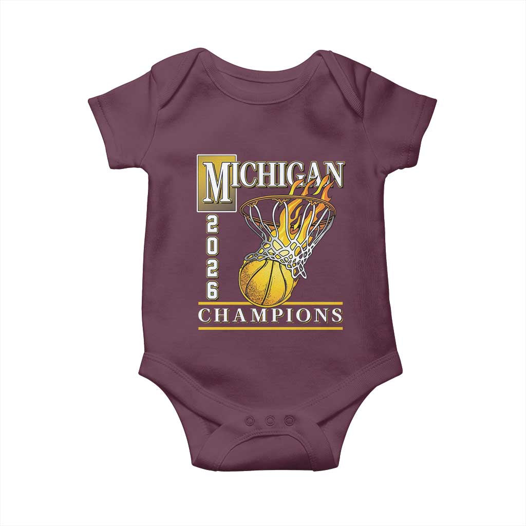 Michigan 2026 Flaming Hoop Basketball Lover Baby Onesie Champions Victory Graphic Sports Fan TS12 Maroon Print Your Wear