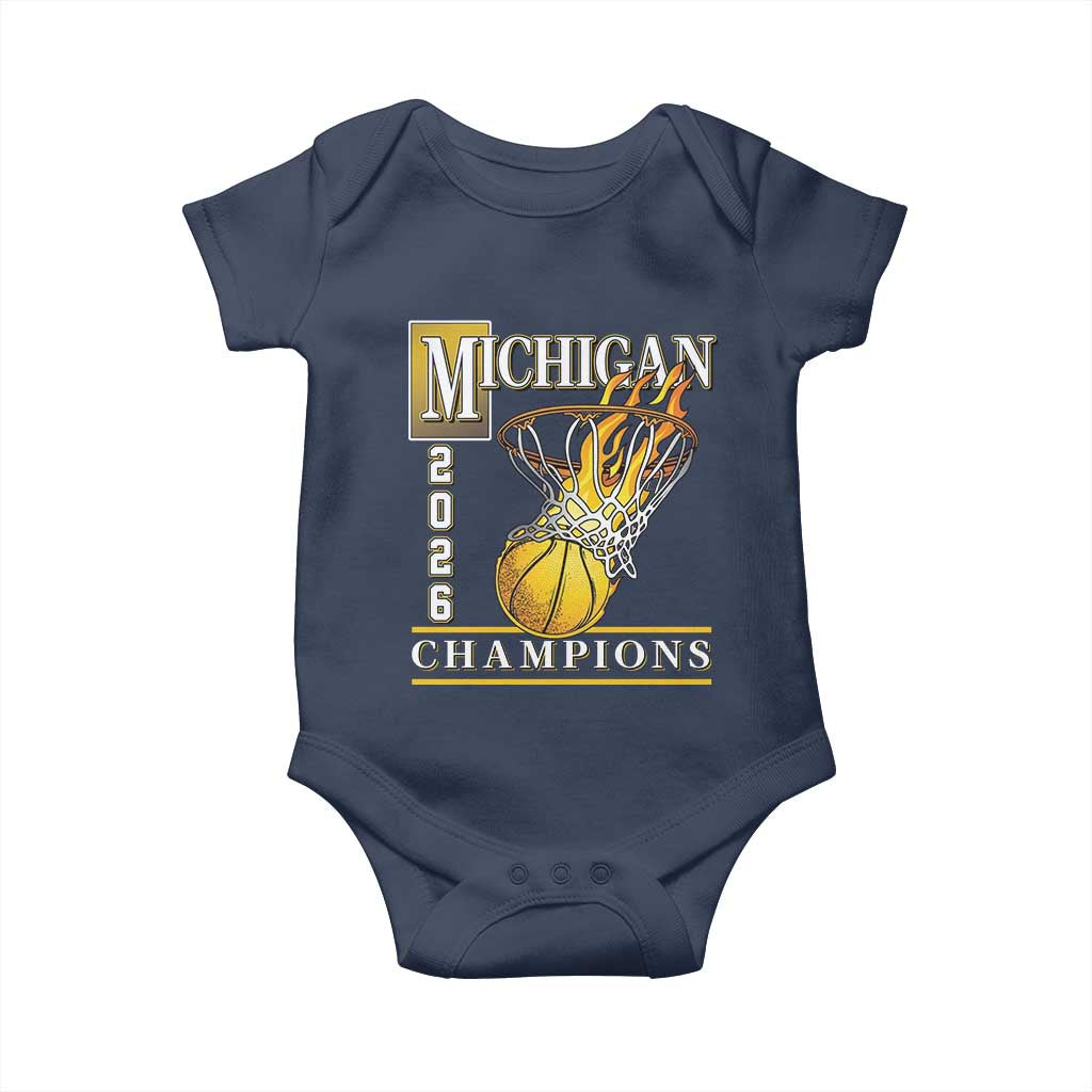 Michigan 2026 Flaming Hoop Basketball Lover Baby Onesie Champions Victory Graphic Sports Fan TS12 Navy Print Your Wear