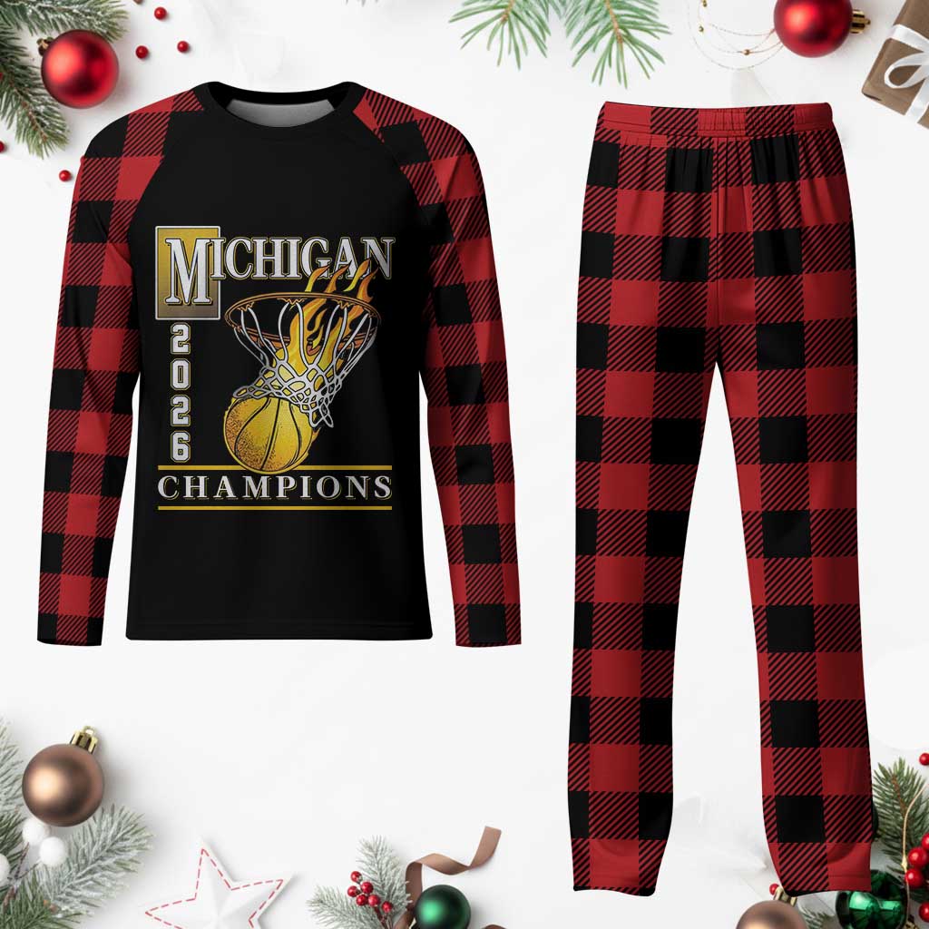 Michigan 2026 Flaming Hoop Basketball Lover Plaid Pajama Set Champions Victory Graphic Sports Fan TS12 Buffalo Plaid Print Your Wear