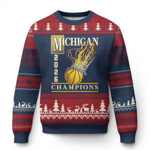 Michigan 2026 Flaming Hoop Basketball Lover Ugly Christmas Sweater Champions Victory Graphic Sports Fan TS12 Navy Red Print Your Wear