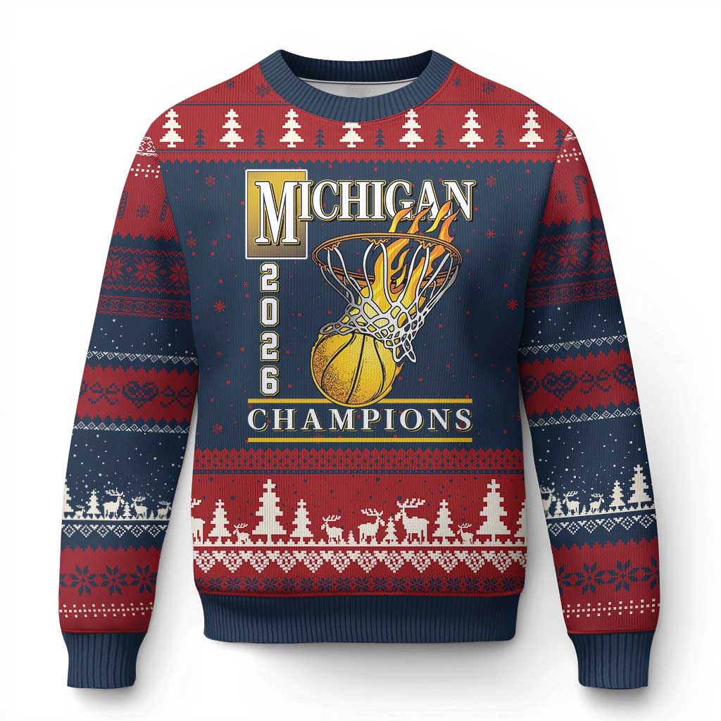 Michigan 2026 Flaming Hoop Basketball Lover Ugly Christmas Sweater Champions Victory Graphic Sports Fan TS12 Navy Red Print Your Wear