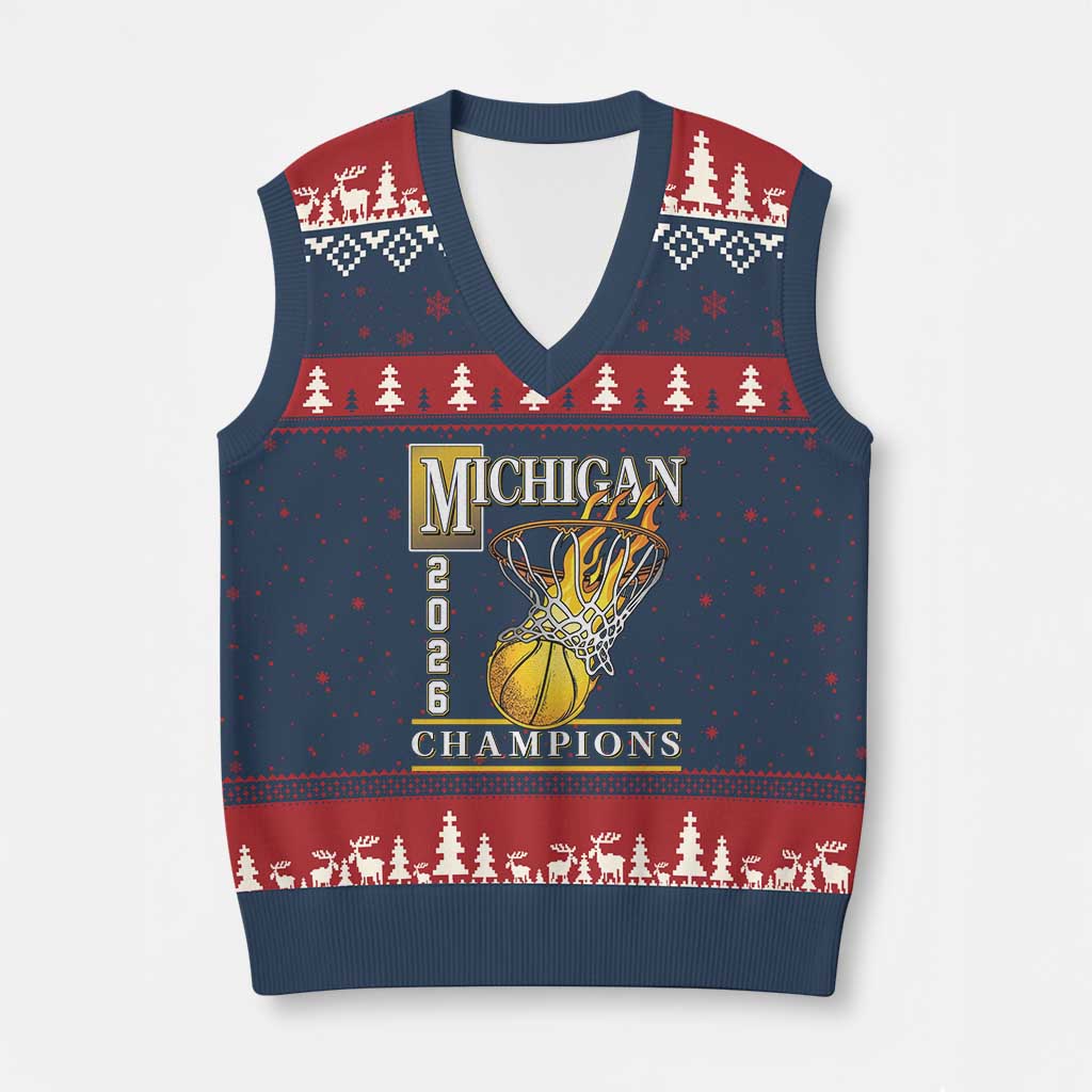 Michigan 2026 Flaming Hoop Basketball Lover V-Neck Knit Sweater Vest Champions Victory Graphic Sports Fan TS12 Navy Red Print Your Wear