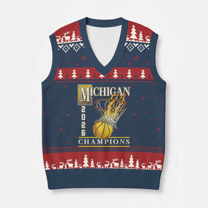 Michigan 2026 Flaming Hoop Basketball Lover V-Neck Knit Sweater Vest Champions Victory Graphic Sports Fan TS12 Navy Red Print Your Wear