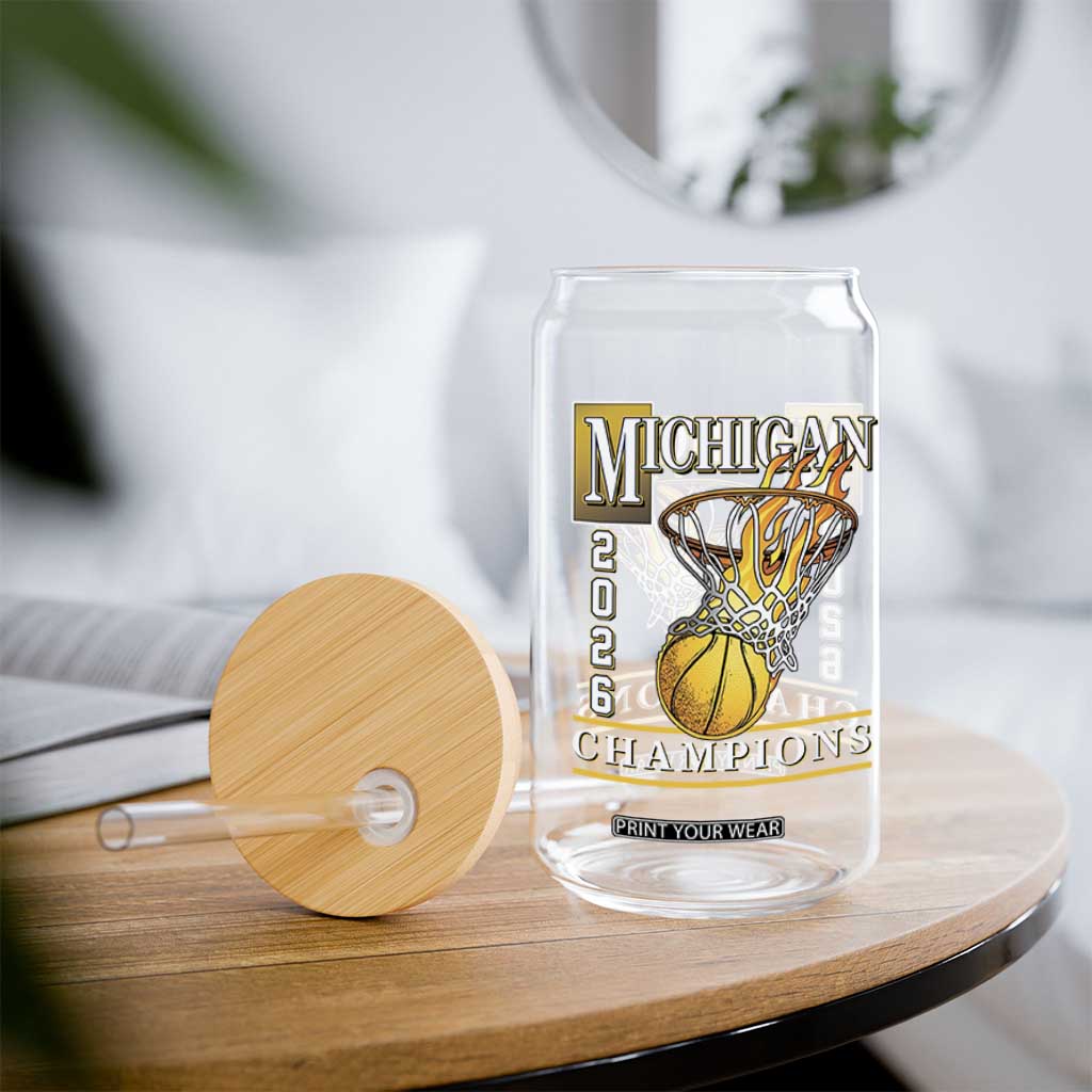 Michigan 2026 Flaming Hoop Basketball Lover Glass Can Champions Victory Graphic Sports Fan TS12 Print Your Wear