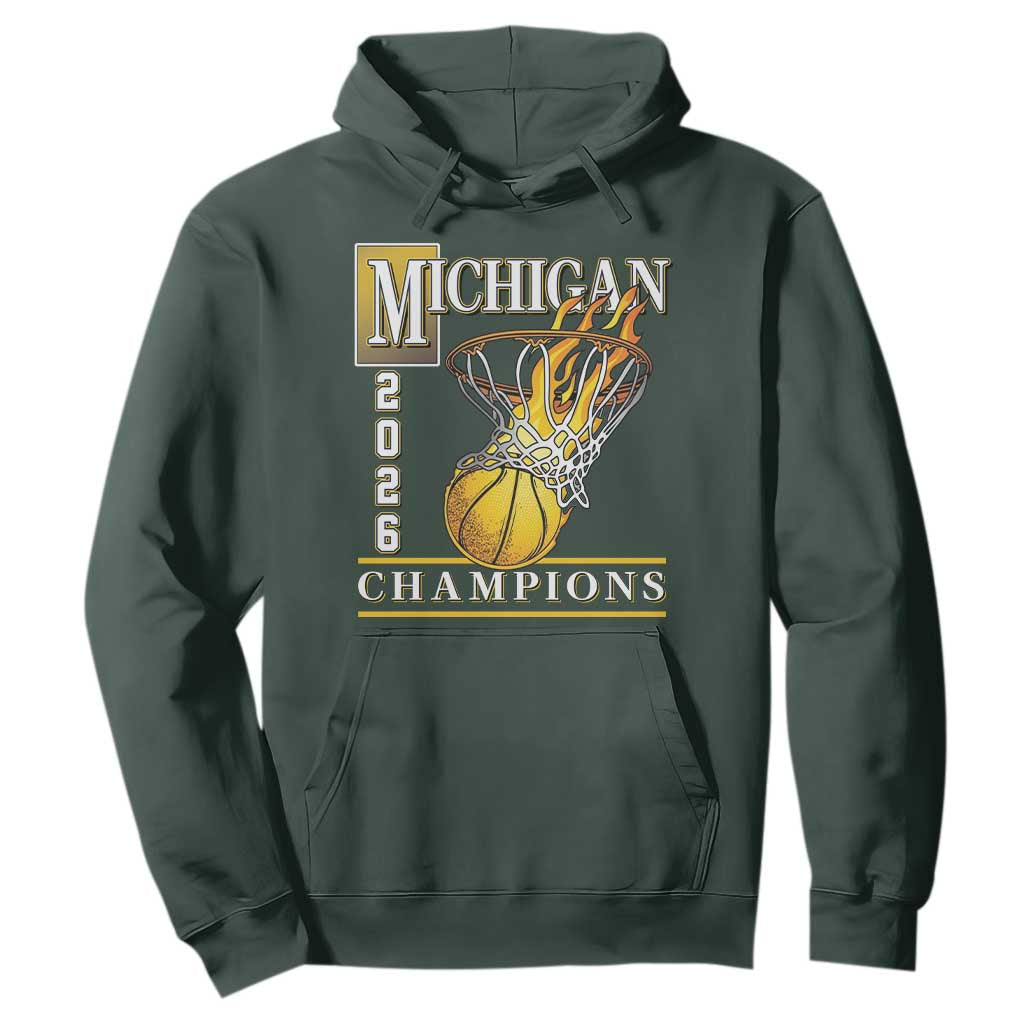 Michigan 2026 Flaming Hoop Basketball Lover Hoodie Champions Victory Graphic Sports Fan TS12 Dark Forest Green Print Your Wear