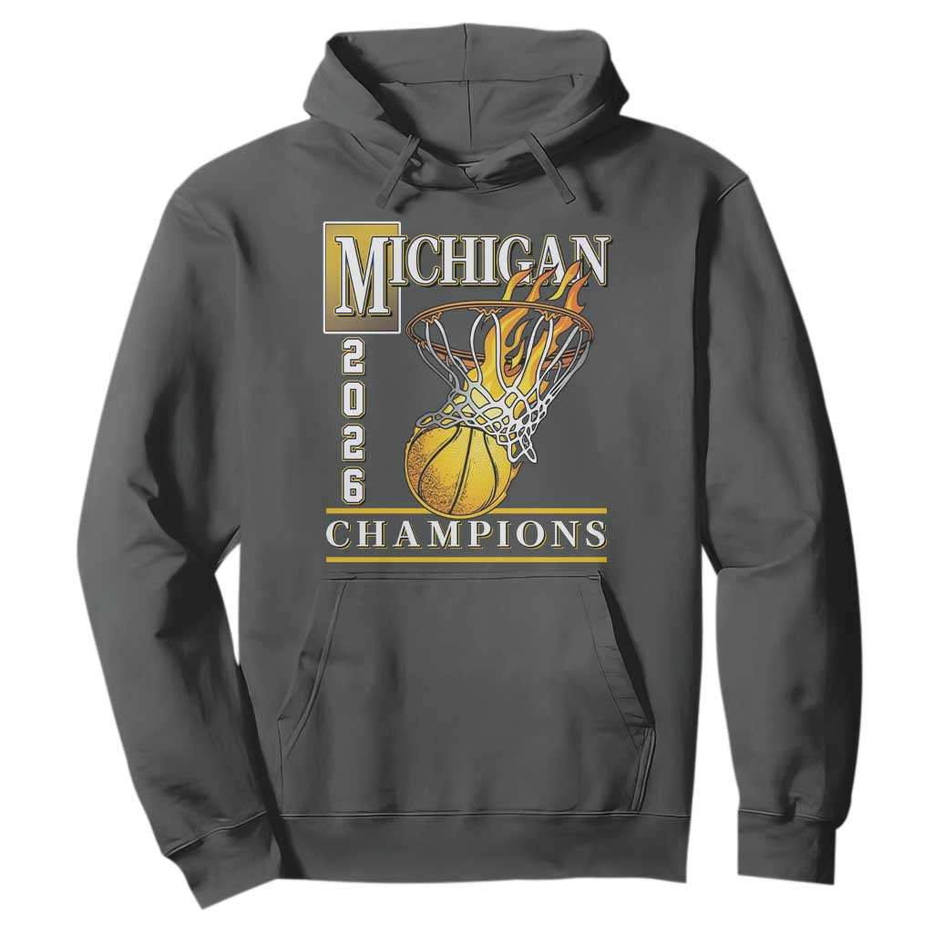 Michigan 2026 Flaming Hoop Basketball Lover Hoodie Champions Victory Graphic Sports Fan TS12 Dark Heather Print Your Wear