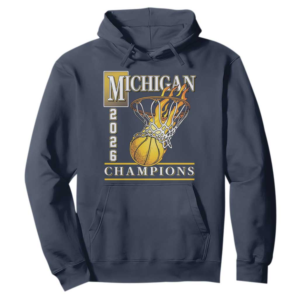 Michigan 2026 Flaming Hoop Basketball Lover Hoodie Champions Victory Graphic Sports Fan TS12 Navy Print Your Wear