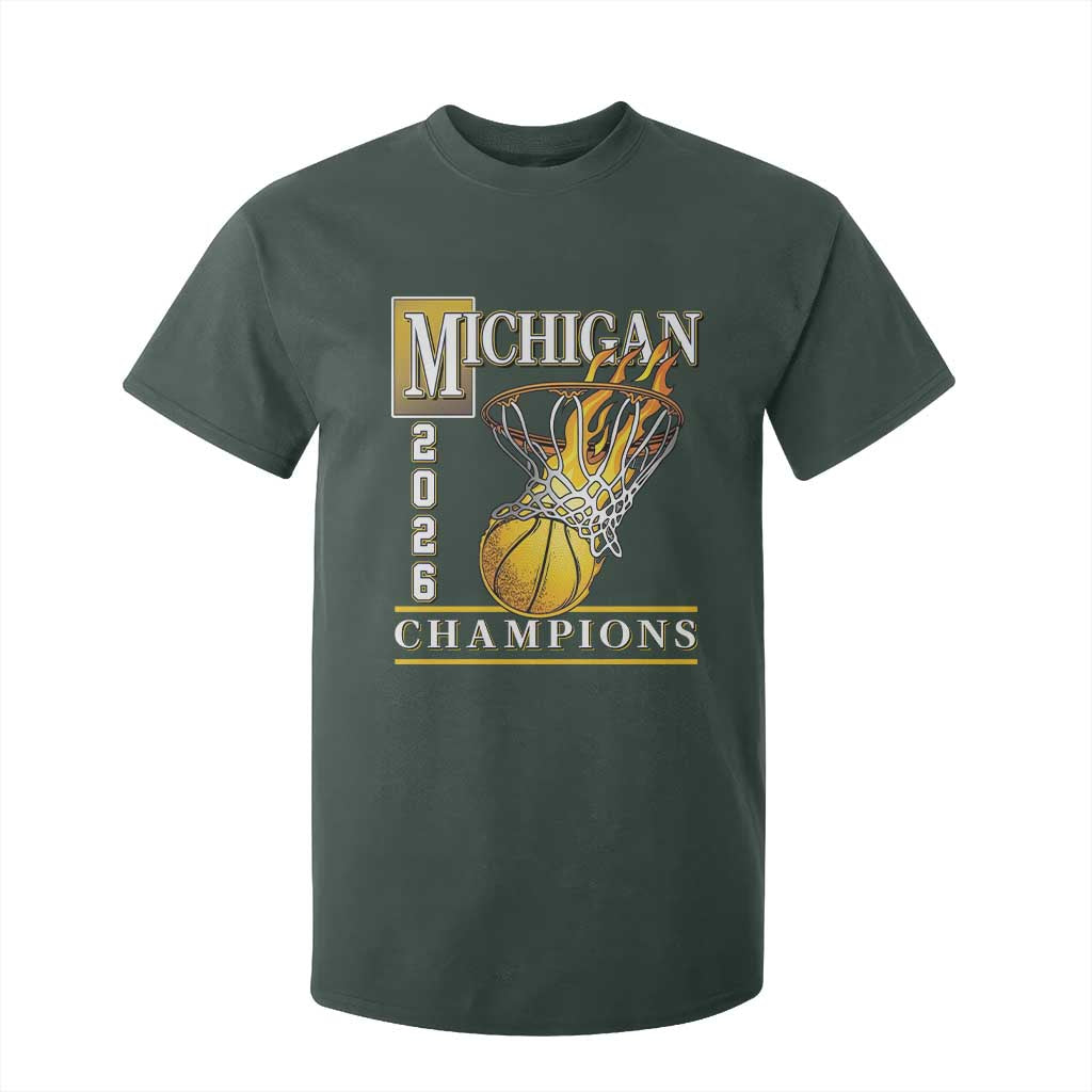 Michigan 2026 Flaming Hoop Basketball Lover T Shirt For Kid Champions Victory Graphic Sports Fan TS12 Dark Forest Green Print Your Wear