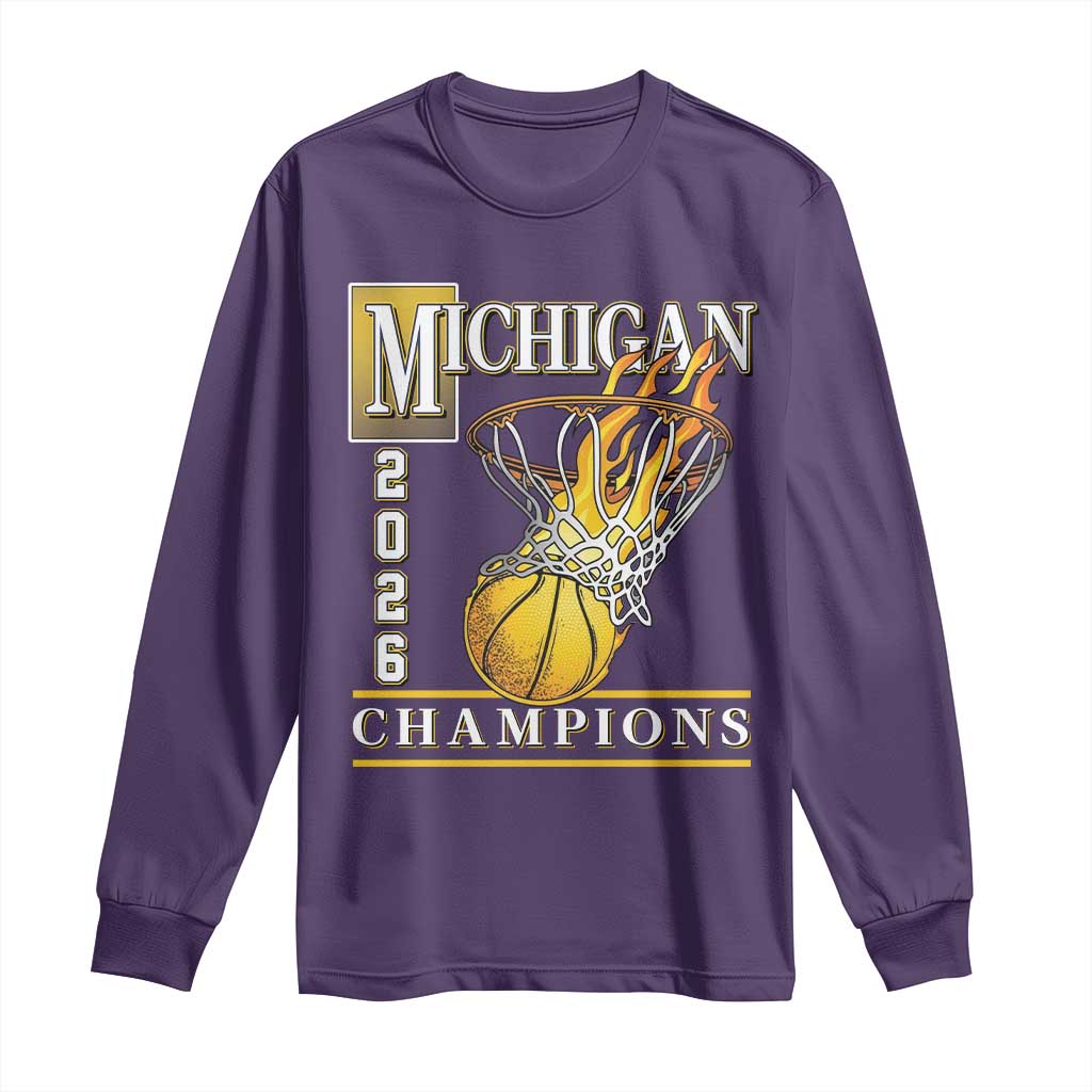 Michigan 2026 Flaming Hoop Basketball Lover Long Sleeve Shirt Champions Victory Graphic Sports Fan TS12 Purple Print Your Wear