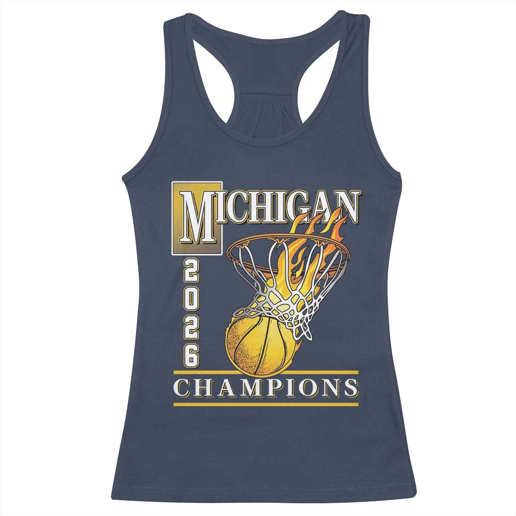 Michigan 2026 Flaming Hoop Basketball Lover Racerback Tank Top Champions Victory Graphic Sports Fan TS12 Navy Print Your Wear