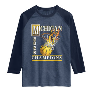 Michigan 2026 Flaming Hoop Basketball Lover Raglan Shirt Champions Victory Graphic Sports Fan TS12 Heather Denim Navy Print Your Wear