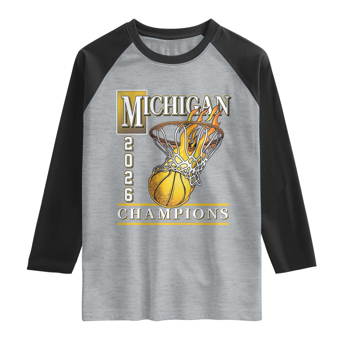 Michigan 2026 Flaming Hoop Basketball Lover Raglan Shirt Champions Victory Graphic Sports Fan TS12 Heather Gray Black Print Your Wear