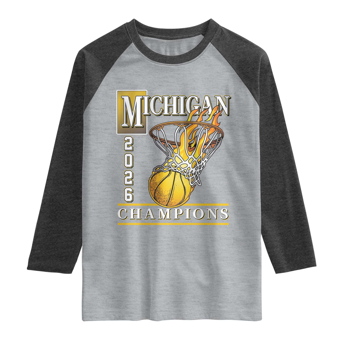 Michigan 2026 Flaming Hoop Basketball Lover Raglan Shirt Champions Victory Graphic Sports Fan TS12 Heather Gray Heather Charcoal Print Your Wear