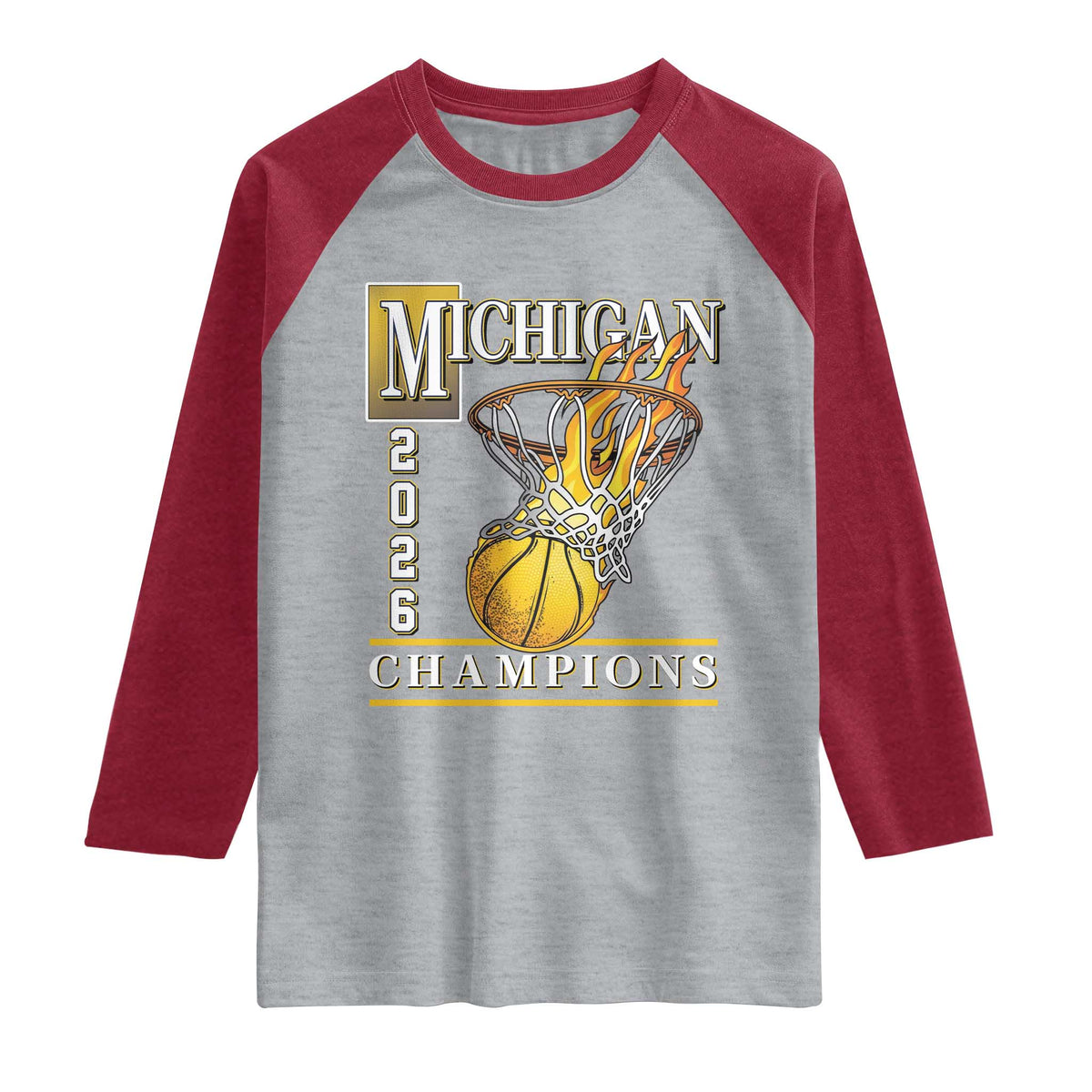 Michigan 2026 Flaming Hoop Basketball Lover Raglan Shirt Champions Victory Graphic Sports Fan TS12 Heather Gray Heather Red Print Your Wear