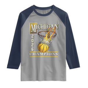 Michigan 2026 Flaming Hoop Basketball Lover Raglan Shirt Champions Victory Graphic Sports Fan TS12 Sport Gray Navy Print Your Wear