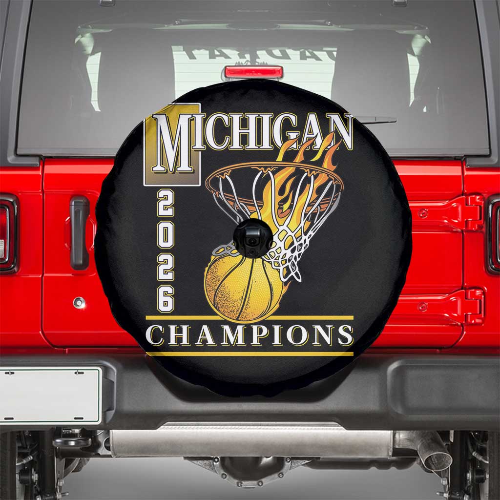 Michigan 2026 Flaming Hoop Basketball Lover Spare Tire Cover Champions Victory Graphic Sports Fan TS12 Black Print Your Wear