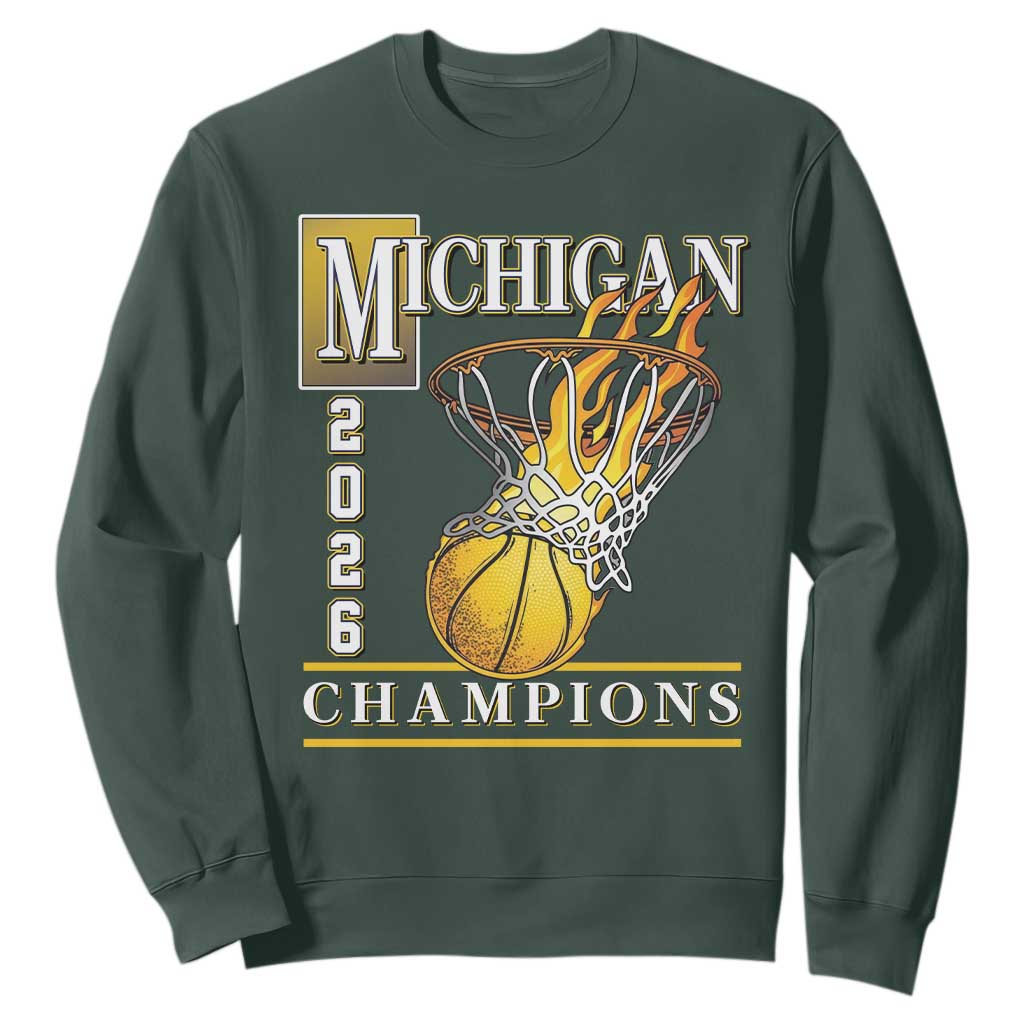 Michigan 2026 Flaming Hoop Basketball Lover Sweatshirt Champions Victory Graphic Sports Fan TS12 Dark Forest Green Print Your Wear