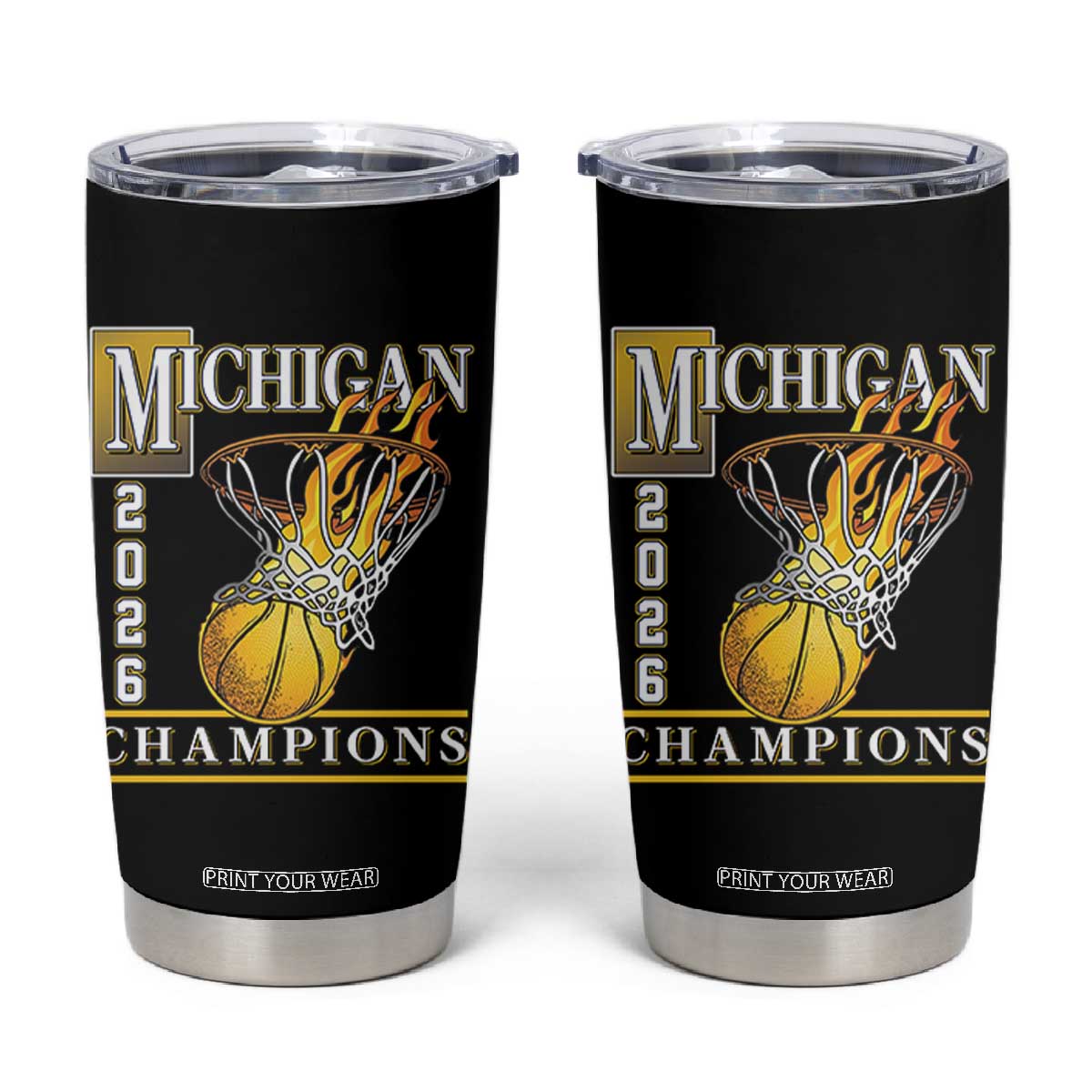 Michigan 2026 Flaming Hoop Basketball Lover Tumbler Cup Champions Victory Graphic Sports Fan TS12 Black Print Your Wear