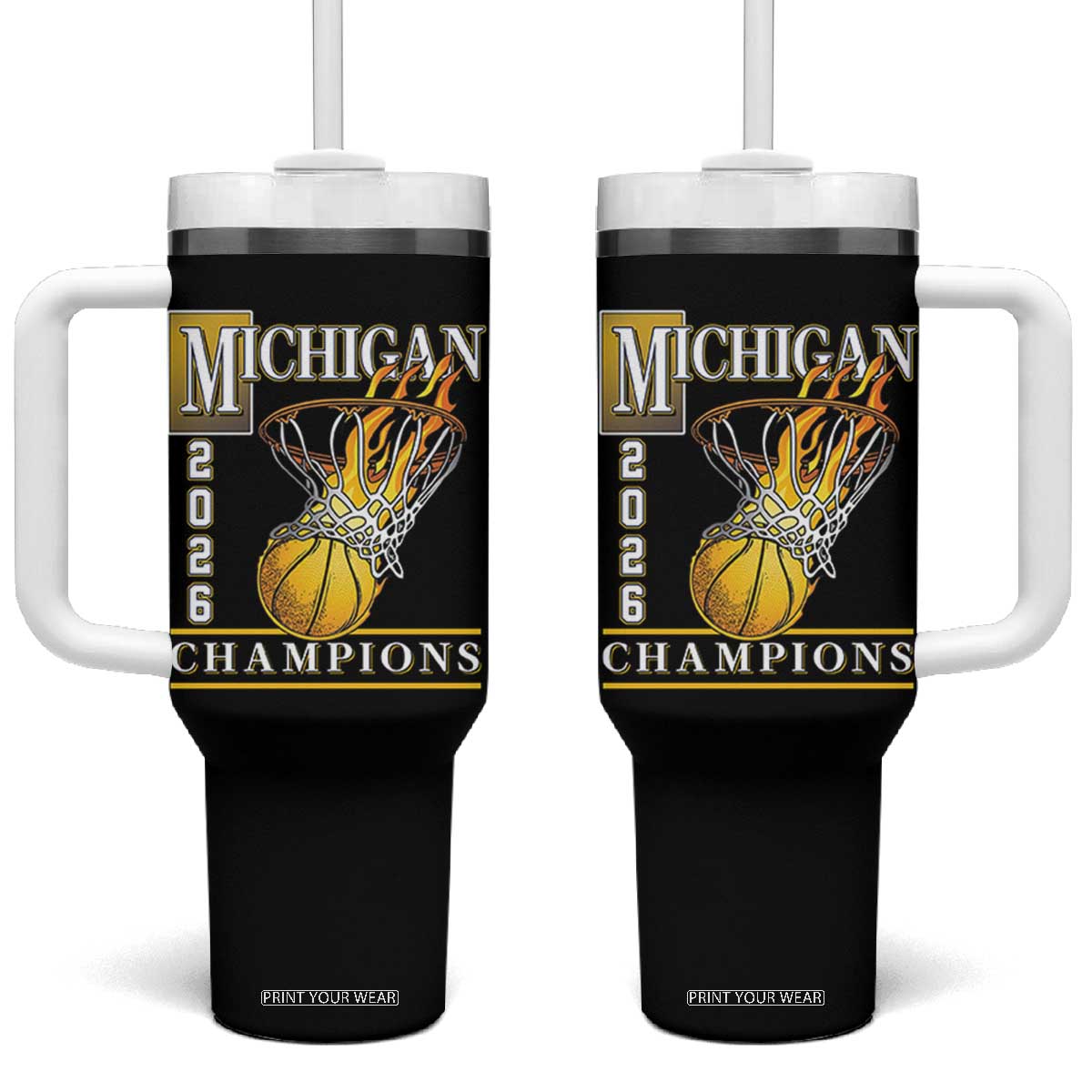 Michigan 2026 Flaming Hoop Basketball Lover Tumbler With Handle Champions Victory Graphic Sports Fan TS12 One Size: 40 oz Black Print Your Wear