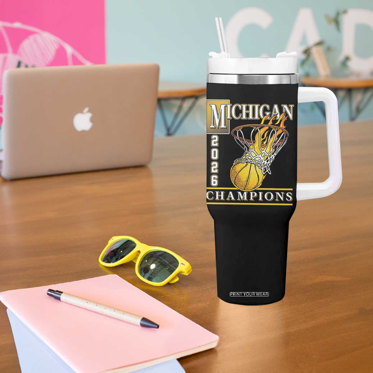 Michigan 2026 Flaming Hoop Basketball Lover Tumbler With Handle Champions Victory Graphic Sports Fan TS12 Print Your Wear