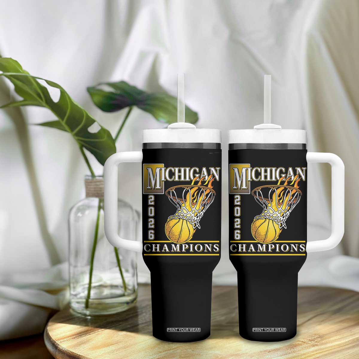 Michigan 2026 Flaming Hoop Basketball Lover Tumbler With Handle Champions Victory Graphic Sports Fan TS12 Print Your Wear