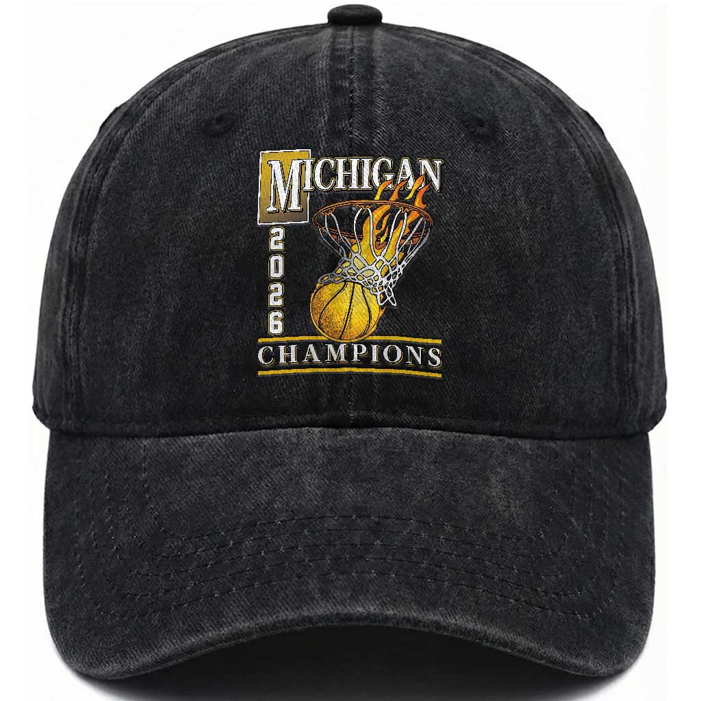 Michigan 2026 Flaming Hoop Basketball Lover Washed Cotton Baseball Cap Champions Victory Graphic Sports Fan TS12 Print Your Wear